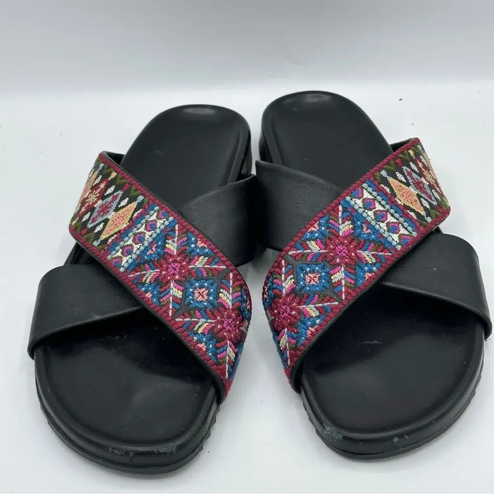 JOHNNY WAS Breatriz Embroidered Criss Cross Slide Sandal Black Sz 40/10
